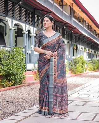 FRIYAL Digital Print Bollywood Cotton Linen Saree(Black)