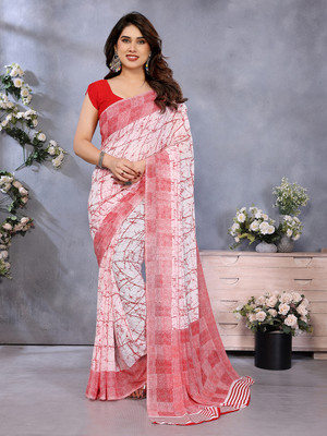 Moda Rapido Printed, Self Design, Geometric Print Daily Wear Georgette Saree(Red, White)