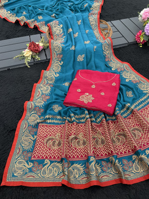 KHRITI FAB Embroidered Chanderi Pure Silk Saree(Light Blue)