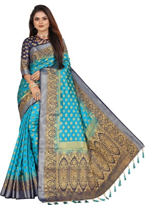 Perfect Wear Woven Kanjivaram Cotton Silk Saree(Blue)