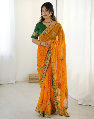 SIRIL Printed, Embroidered Bandhani Lace, Georgette Saree(Yellow)