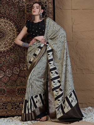 ANOUK Printed Chinnalapattu Viscose Rayon Saree(Cream, Black)