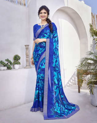 Divastri Printed Bollywood Georgette, Lace Saree(Blue)