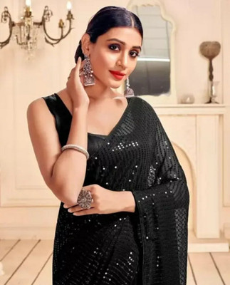 ANGEL CREATIVE Self Design Bollywood Georgette Saree(Black)