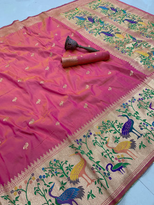 HouseOfCommon Woven Paithani Cotton Silk Saree(Pink)