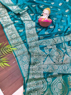 Shampas World Woven Saree with Attached Blouse Satin Saree(Light Blue)