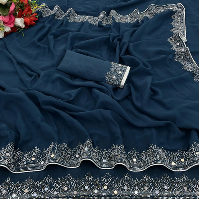VEERAIVA Embellished Bollywood Georgette Saree(Dark Blue)