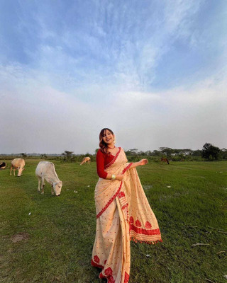 VRAJ CREATION Woven Mekhela Chador Pure Silk Saree(Cream)