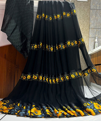 Bombey Velvat Fab Embellished Arani Pattu Chiffon, Art Silk Saree(Black, Yellow)