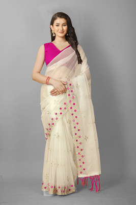 VANDU CREATION Embroidered Bollywood Supernet Saree(White)