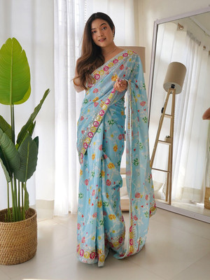 ANOUK Embroidered Chanderi Silk Blend Saree(Blue)