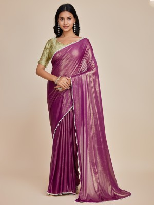 Vijatree Solid/Plain Bollywood Lycra Blend Saree(Purple)