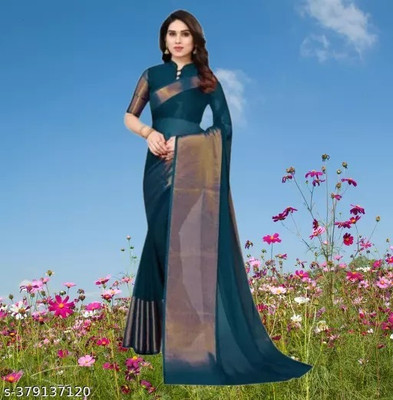 Online Bazaaar Solid/Plain Bollywood Chiffon Saree(Blue)