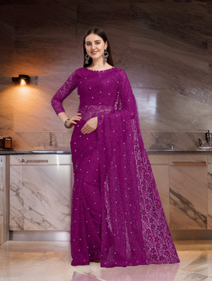 DIVUE Embroidered Bollywood Net Saree(Purple)