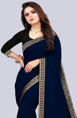 OKTAT Solid/Plain Bollywood Georgette Saree(Dark Blue)