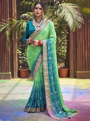 Sareemall Embellished Bandhani Georgette Saree(Light Green)