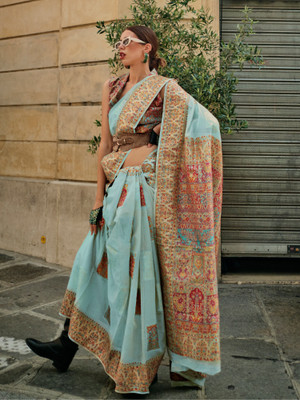 Sareemall Woven Banarasi Silk Blend Saree(Light Blue)