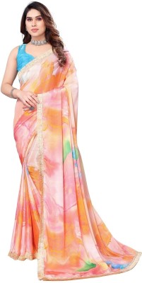 ROOP SUNDARI SAREES Color Block, Printed Bollywood Chiffon Saree(Orange, Multicolor)