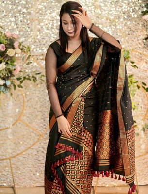 DHRUMIFASHION Self Design, Woven Mekhela Chador Polyester Saree(Black)