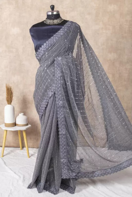 Vragi Embellished Bollywood Lycra Blend Saree(Grey)