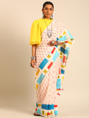 Taavi Blocked Printed Chanderi Cotton Silk Saree(Multicolor)