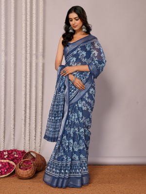 Janasya Floral Print Daily Wear Cotton Blend Saree(Blue)