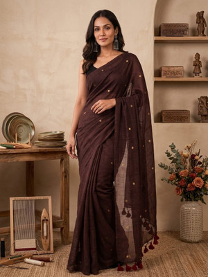 FASHION WITH SUMONA Polka Print Handloom Cotton Blend Saree(Brown)