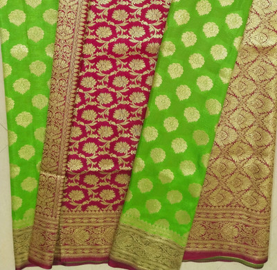 Subha collections Printed Banarasi Handloom Silk Blend Saree(Light Green)
