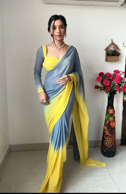 VADTALWALA Color Block Saree with Attached Blouse Georgette Saree(Grey, Yellow)