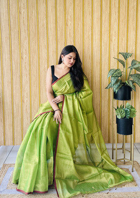 Fabrica Fab Solid/Plain Handloom Tissue Saree(Green)