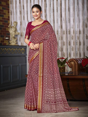 all about you Printed Daily Wear Silk Blend Saree(Maroon)