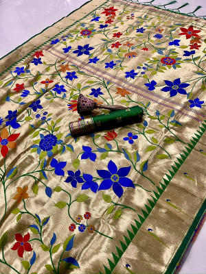 HouseOfCommon Woven Paithani Cotton Silk Saree(Gold, Green)