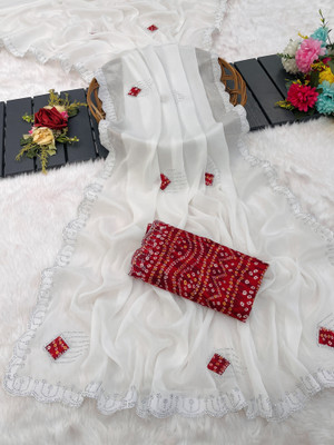 Vastramsarees Embroidered Bollywood Jimmy choo Saree(White, Red)