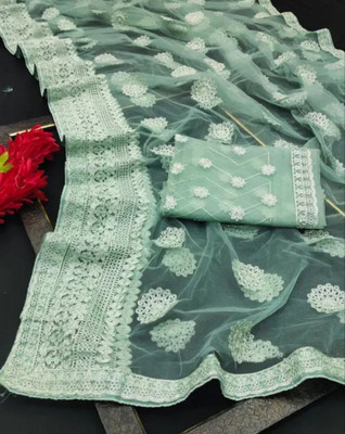NIYANTAKSH Embroidered, Floral Print, Woven, Embellished Bollywood Net Saree(Green)