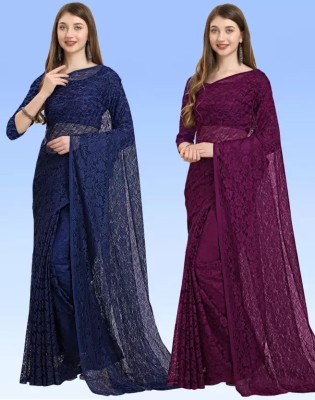 Vragi Woven Bollywood Net Saree(Pack of 2, Dark Blue, Purple)