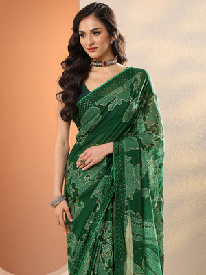 LIBAS Printed Bandhani Georgette Saree(Green)