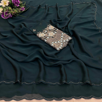 JIVI CLOTHING Solid/Plain, Embroidered Bollywood Chiffon Saree(Dark Green)