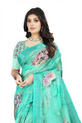 SSHAGUN LIFESTYLE Floral Print Bollywood Cotton Blend Saree(Light Blue)