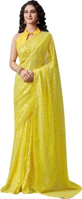 Styli-Nar Creation Printed, Digital Print, Striped, Self Design, Embroidered Bollywood Georgette Saree(Yellow)