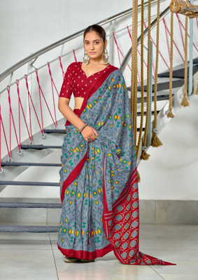 Divastri Blocked Printed, Printed Chanderi Cotton Blend Saree(Grey)