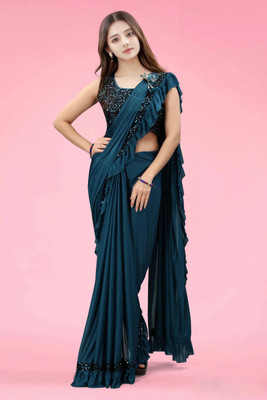LADYZILLA Embellished Bollywood Lycra Blend Saree(Blue)