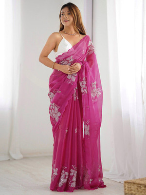 ANOUK Embellished Saree with Attached Blouse Organza Saree(Pink)