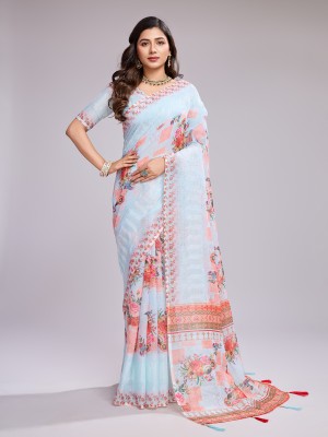 SHRIMAY Digital Print, Floral Print Bollywood Cotton Linen Saree(Multicolor, Light Blue)