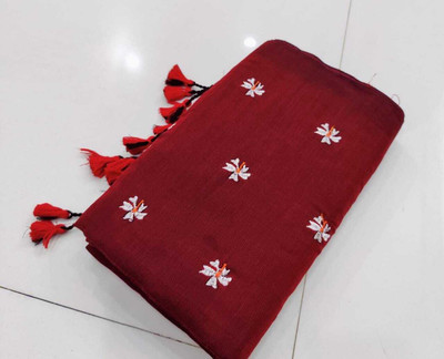 Puspa Fashion Embroidered Handloom Cotton Blend Saree(Maroon)