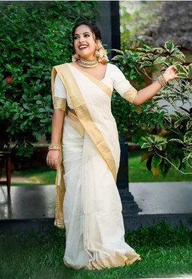 Linane Solid/Plain Kasavu Cotton Silk Saree(White)
