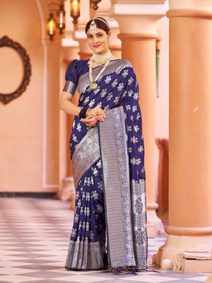 SWORNOF Self Design Bandhani Silk Blend Saree(Blue)
