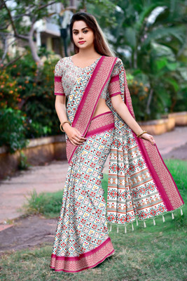 DHARMRAJ ENTERPRISE Digital Print Bollywood Cotton Silk Saree(White)