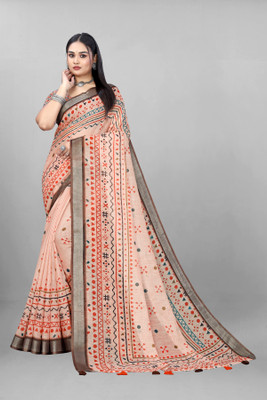KALPNA CREATION Digital Print Bollywood Cotton Linen Saree(Cream)
