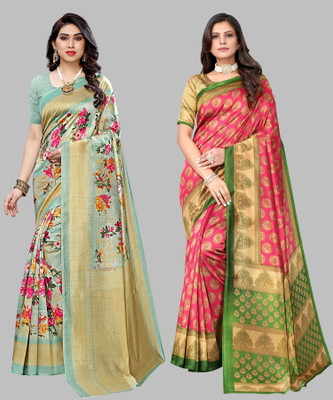 ANIRAV Printed, Paisley, Floral Print Kalamkari Art Silk Saree(Pack of 2, Light Green, Pink)