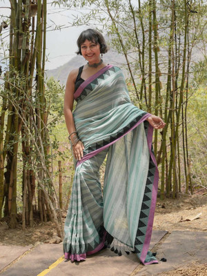 HouseOfCommon Temple Border Handloom Pure Cotton Saree(Grey)